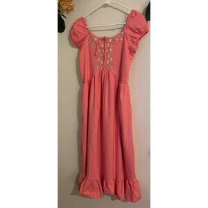 Blueberi Boulevard Coral Pink Midi Dress Puff Sleeve Embroidered Floral Cottagec
